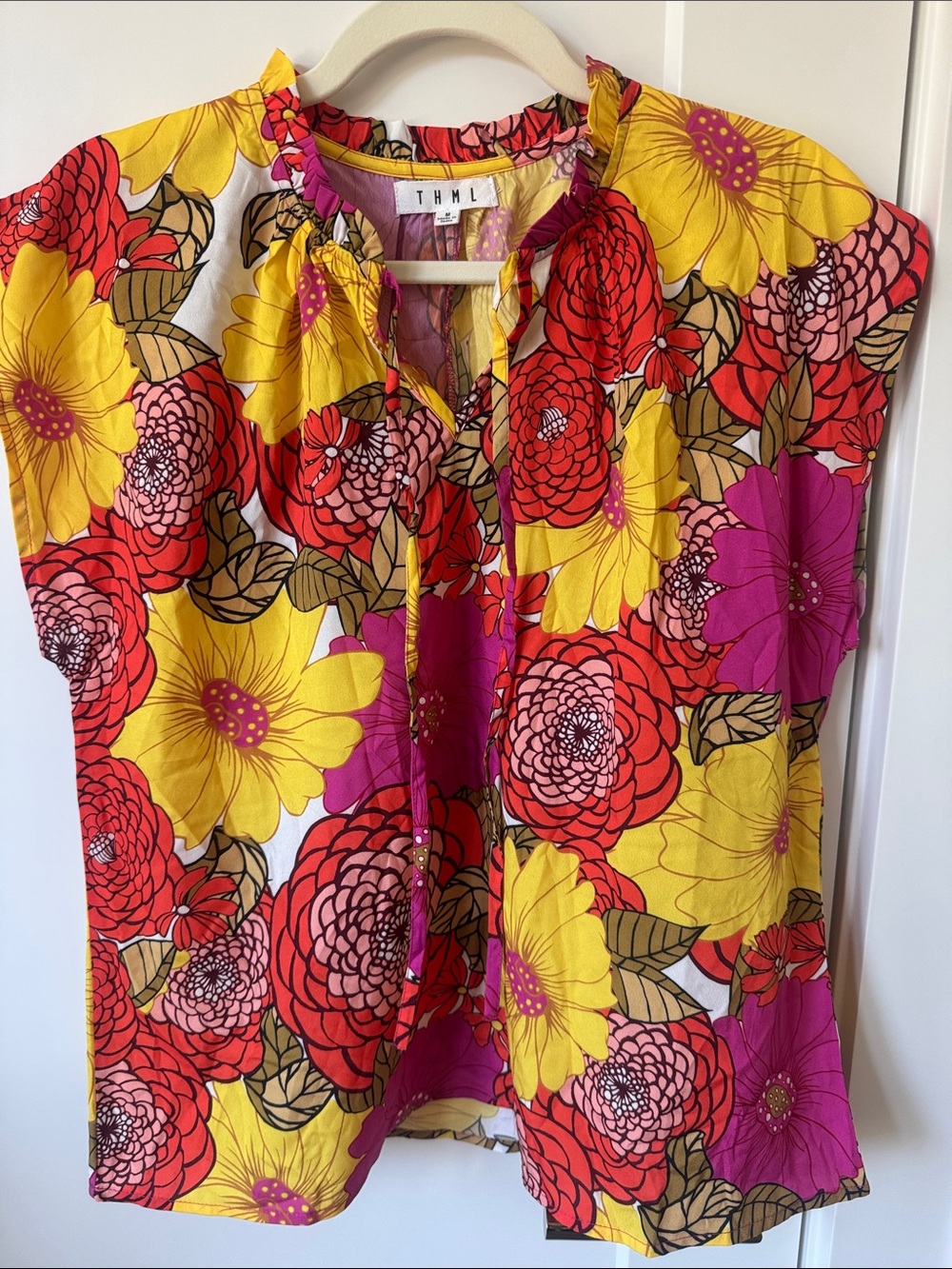 THML Bold Floral Tie-Neck Top in Yellow, Red & Pink